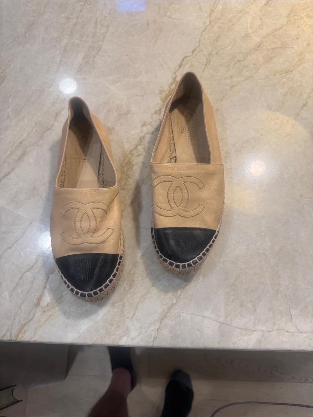 CHANEL Beige and Black Leather Espadrilles
